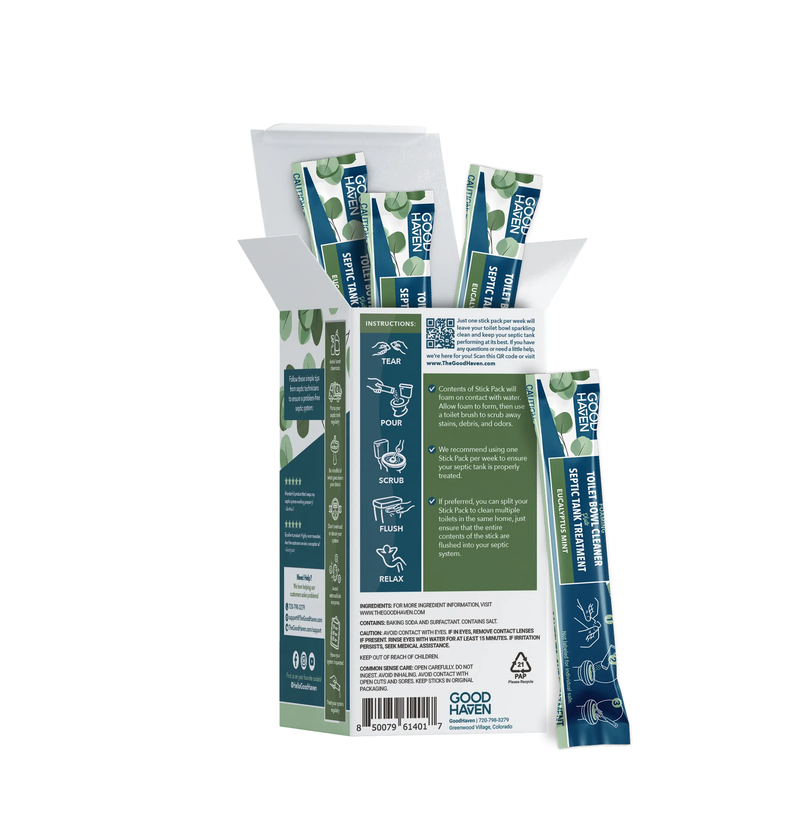 Open box of GoodHaven toilet bowl cleaner with multiple Stick Packs on a white background