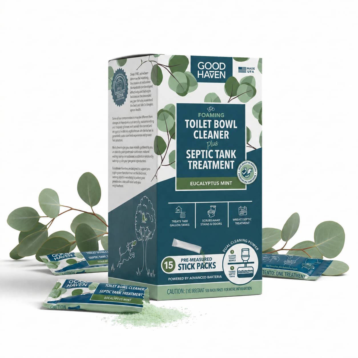 GoodHaven toilet bowl cleaner and septic tank treatment packaging with eucalyptus leaves on a white background