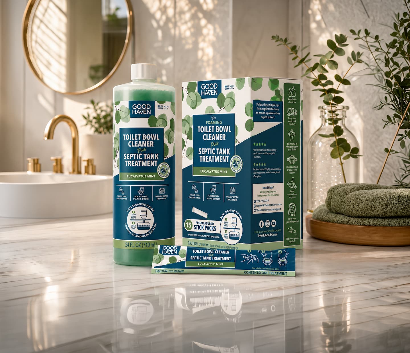 GoodHaven toilet bowl cleaner and septic tank treatment on a bathroom counter.