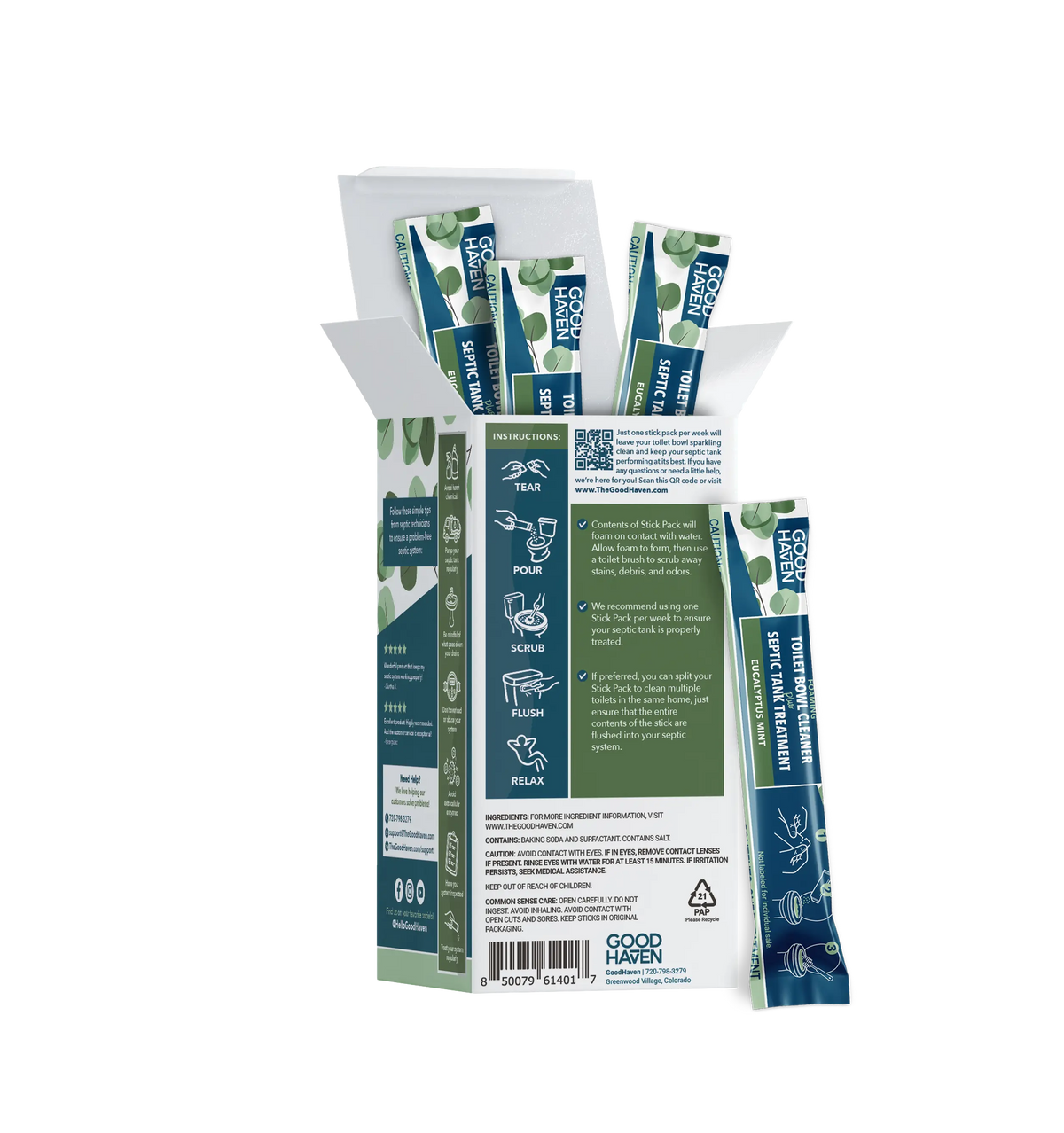 Open box of GoodHaven toilet bowl cleaner with multiple Stick Packs on a white background