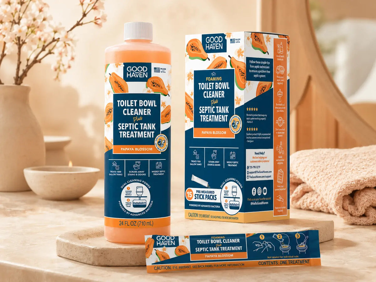 GoodHaven toilet bowl cleaner and septic tank treatment products on a bathroom counter.