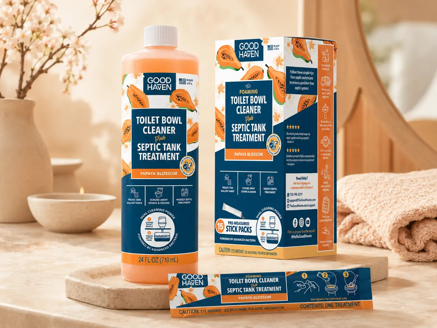 GoodHaven toilet bowl cleaner and septic tank treatment products on a bathroom counter.